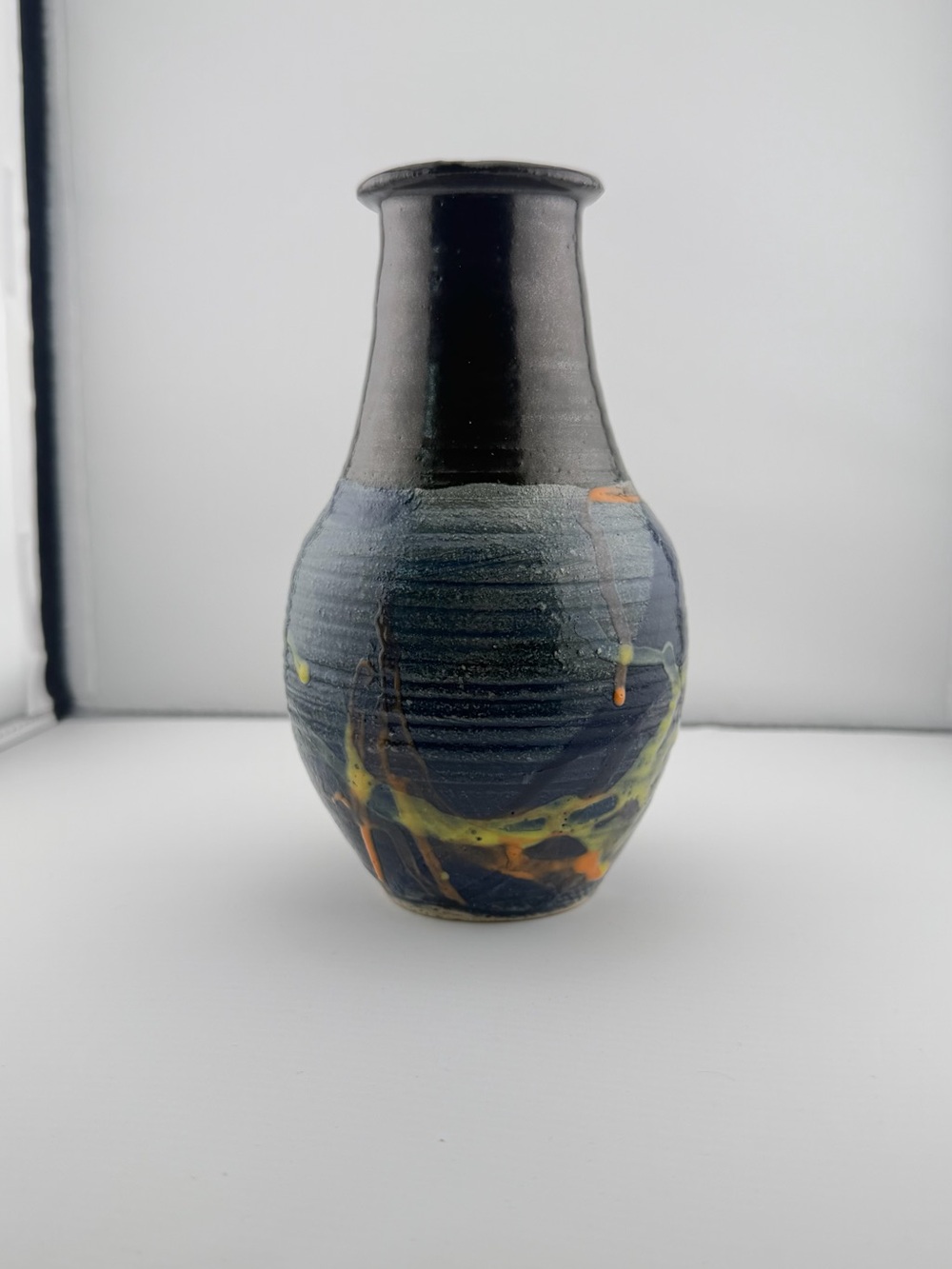 Handcrafted Black and Blue Ceramic Vase with Multicolor Glaze